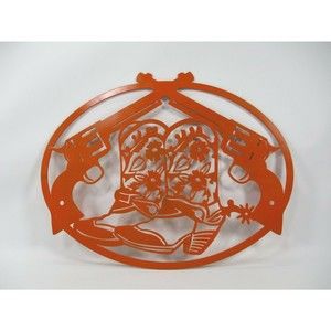 Western Pistol Guns & Cowboy Boots Cut Metal Wall Art Sign Painted Orange